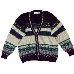 AGGIO Vintage Cardigan Geometric Knit Button Front Sweater XL